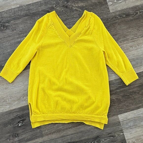 Anthropologie Moth Yellow Merino Wool V neck Sweater Size Small - Picture 2 of 11